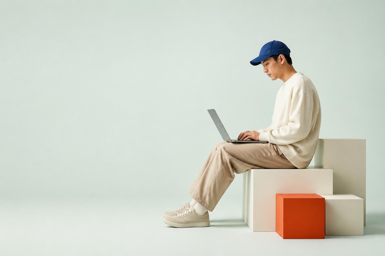 Studio member working on a laptop, seated on geometric blocks